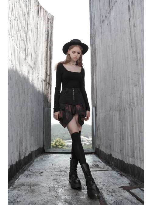 Steam Punk Female Flower Printed Stitching Irregular Hem Skirt