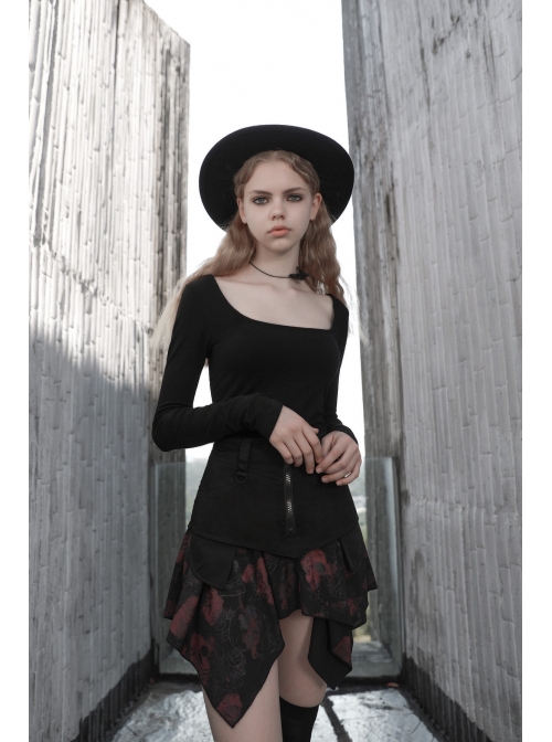 Steam Punk Female Flower Printed Stitching Irregular Hem Skirt