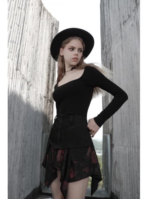 Steam Punk Female Flower Printed Stitching Irregular Hem Skirt