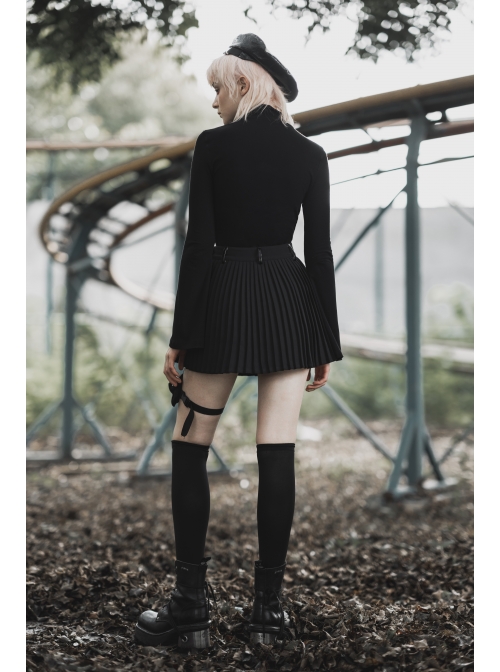 Steam Punk Female Black Bag Stitching Pleated Skirt