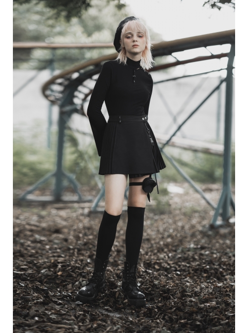Steam Punk Female Black Bag Stitching Pleated Skirt