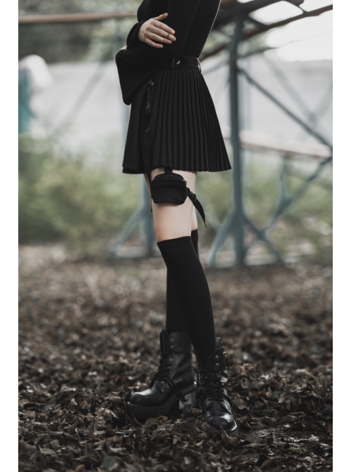 Steam Punk Female Black Bag Stitching Pleated Skirt