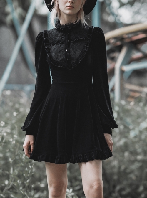 Gothic Female Black Velvet High Collar Lace Long Sleeve Dress