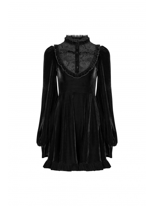 Gothic Female Black Velvet High Collar Lace Long Sleeve Dress - Magic ...