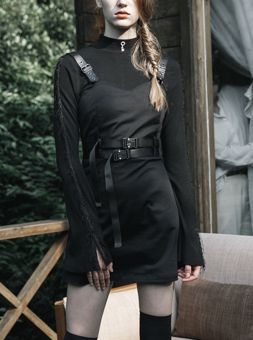 Steam Punk Female Black PU Leather Belt Strap Dress