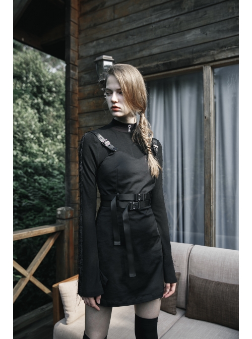 Steam Punk Female Black PU Leather Belt Strap Dress