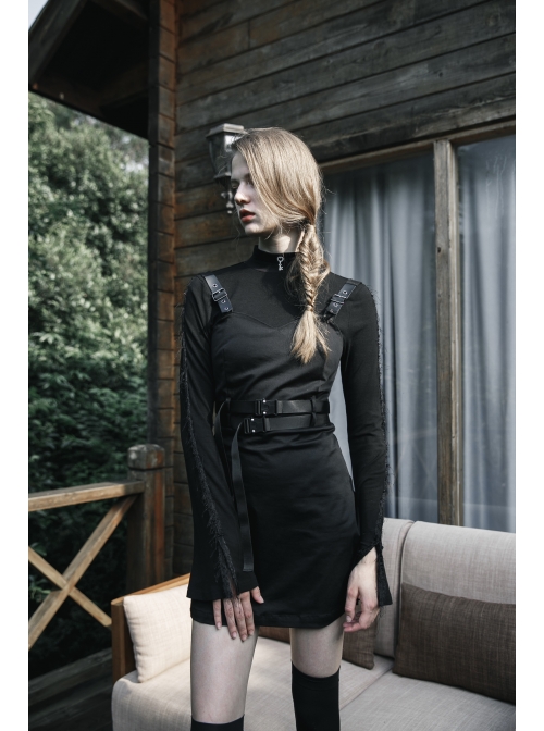Steam Punk Female Black PU Leather Belt Strap Dress