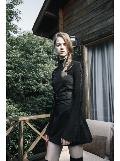Steam Punk Female Black PU Leather Belt Strap Dress