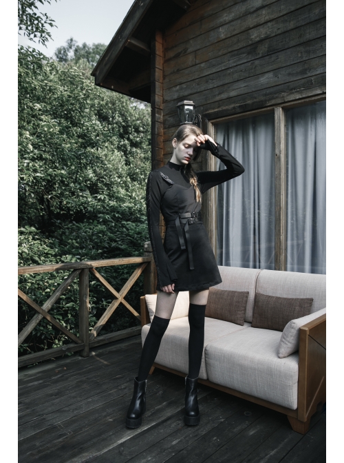 Steam Punk Female Black PU Leather Belt Strap Dress