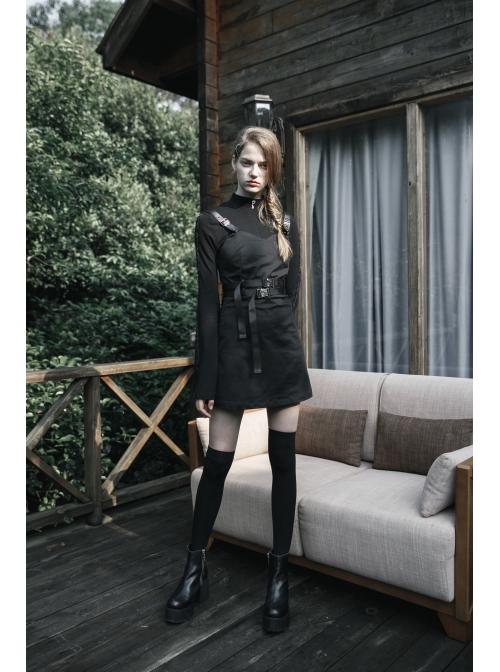 Steam Punk Female Black PU Leather Belt Strap Dress