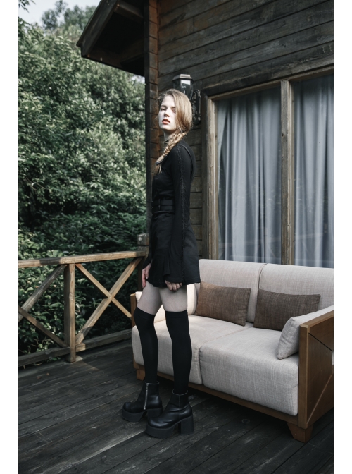 Steam Punk Female Black PU Leather Belt Strap Dress