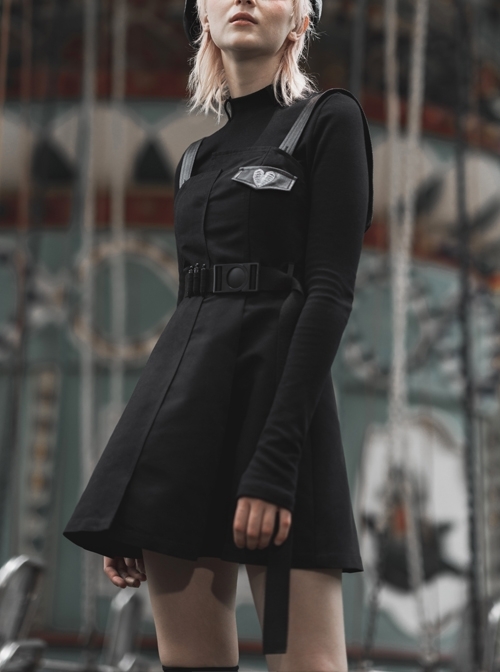 Steam Punk Female Black High Waist Belted PU Leather Strap Irregular Dress