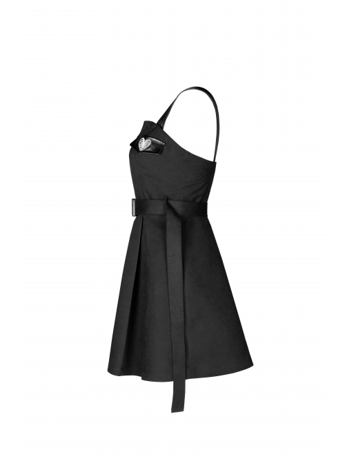 Steam Punk Female Black High Waist Belted PU Leather Strap Irregular Dress