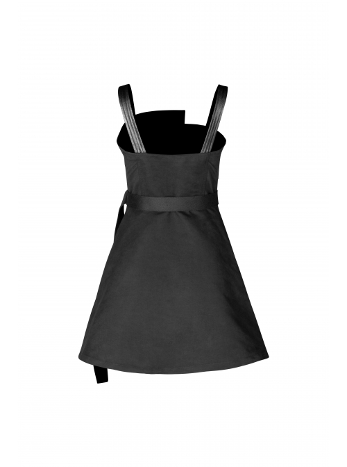 Steam Punk Female Black High Waist Belted PU Leather Strap Irregular Dress