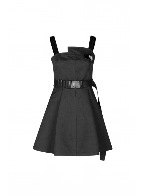 Steam Punk Female Black High Waist Belted PU Leather Strap Irregular Dress