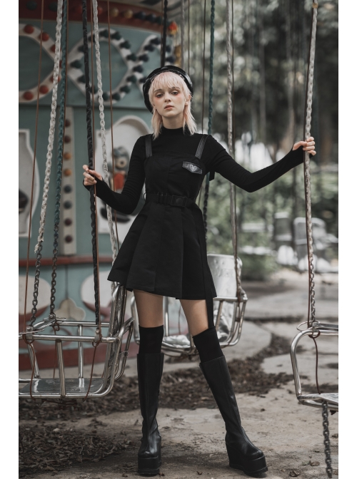 Steam Punk Female Black High Waist Belted PU Leather Strap Irregular Dress