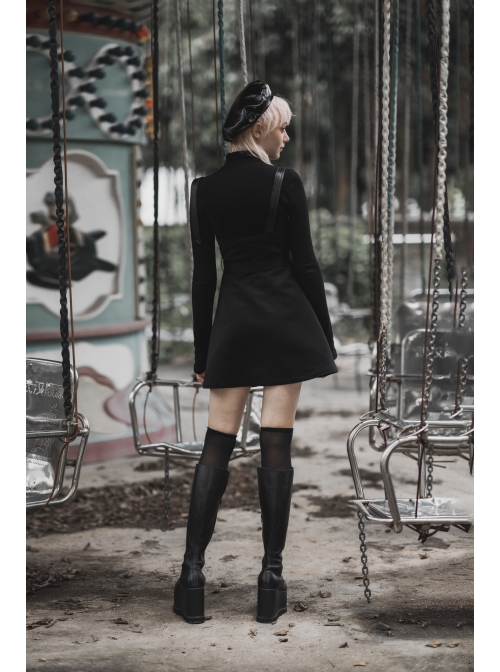 Steam Punk Female Black High Waist Belted PU Leather Strap Irregular Dress