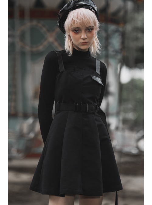 Steam Punk Female Black High Waist Belted PU Leather Strap Irregular Dress