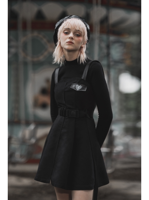 Steam Punk Female Black High Waist Belted PU Leather Strap Irregular Dress