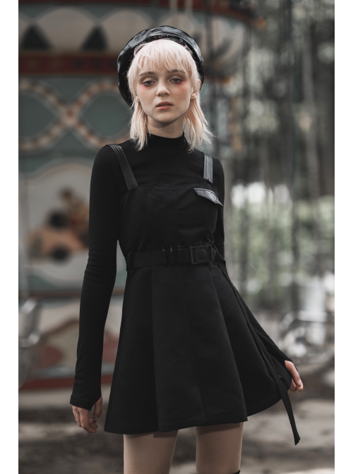 Steam Punk Female Black High Waist Belted PU Leather Strap Irregular Dress