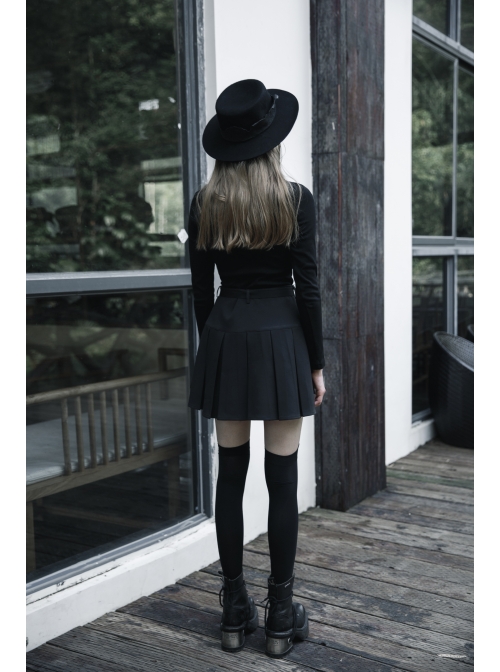 Steam Punk Female Casual Black Metal Buckle Pleated Skirt