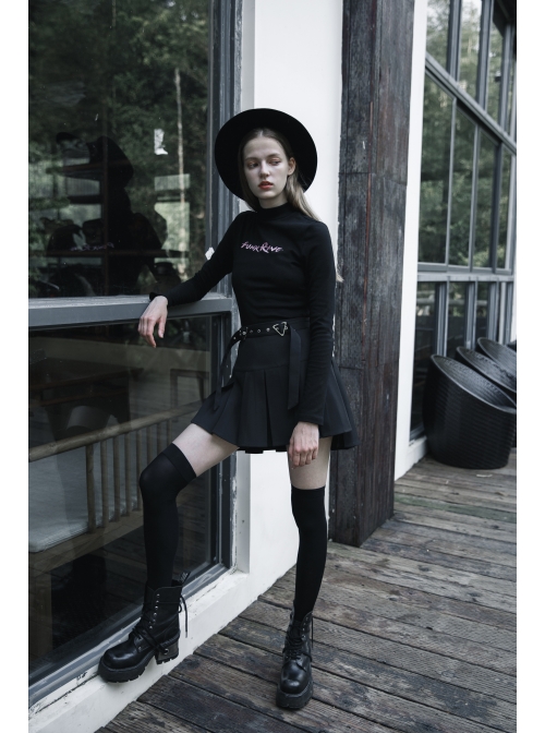 Steam Punk Female Casual Black Metal Buckle Pleated Skirt