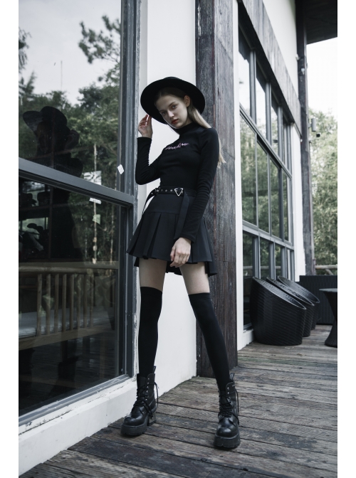 Steam Punk Female Casual Black Metal Buckle Pleated Skirt