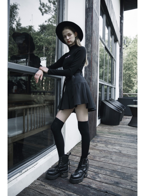 Steam Punk Female Casual Black Metal Buckle Pleated Skirt