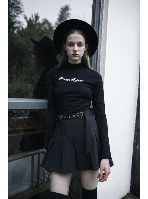 Steam Punk Female Casual Black Metal Buckle Pleated Skirt