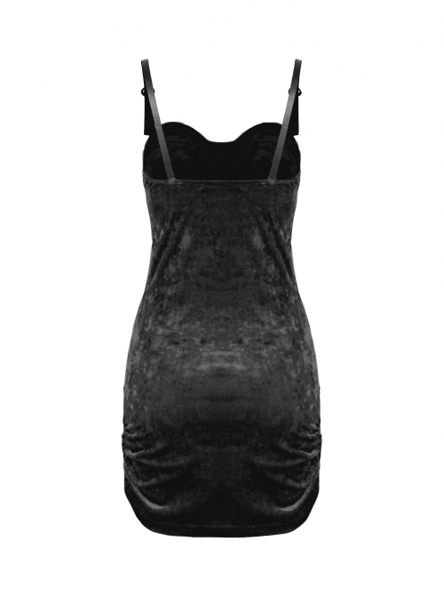 Steam Punk Female Black Velvet Close Fitting Strap Dress