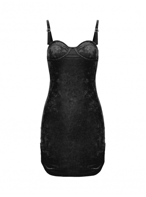Steam Punk Female Black Velvet Close Fitting Strap Dress