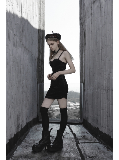 Steam Punk Female Black Velvet Close Fitting Strap Dress