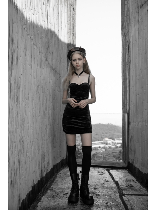 Steam Punk Female Black Velvet Close Fitting Strap Dress