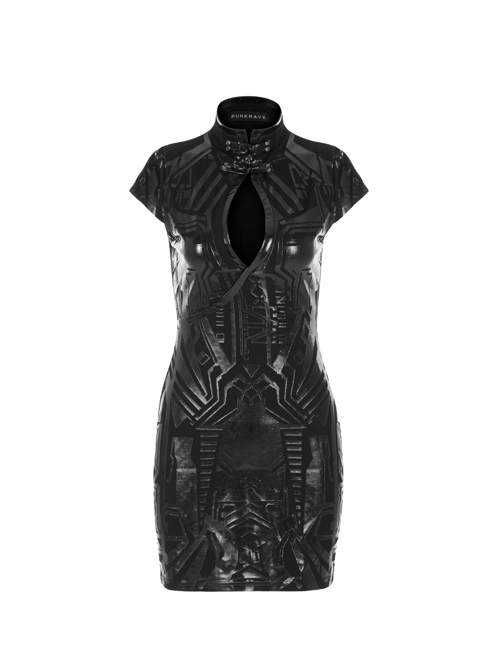 Cyber Punk Female Elastic Dark Patterned Hollow Fitted Dress