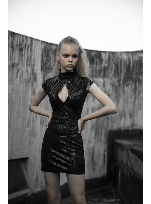 Cyber Punk Female Elastic Dark Patterned Hollow Fitted Dress