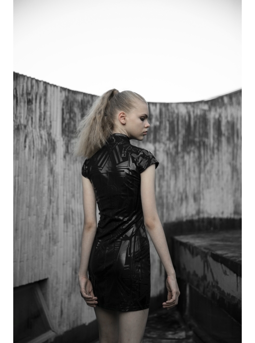 Cyber Punk Female Elastic Dark Patterned Hollow Fitted Dress