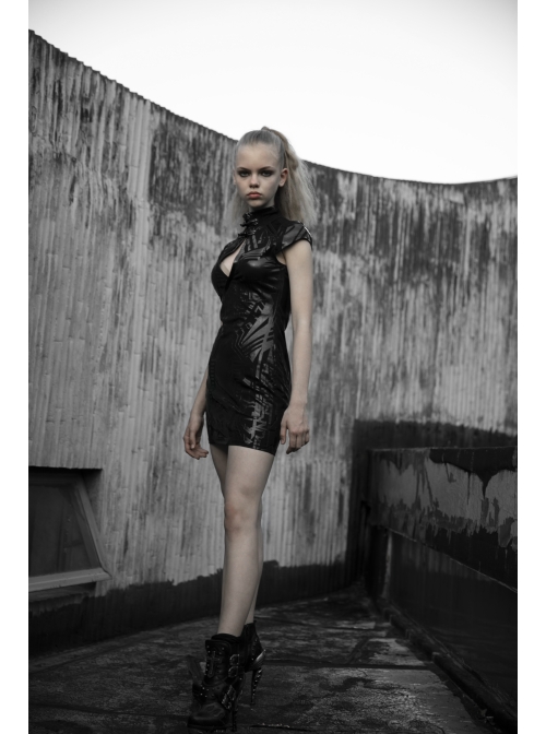 Cyber Punk Female Elastic Dark Patterned Hollow Fitted Dress