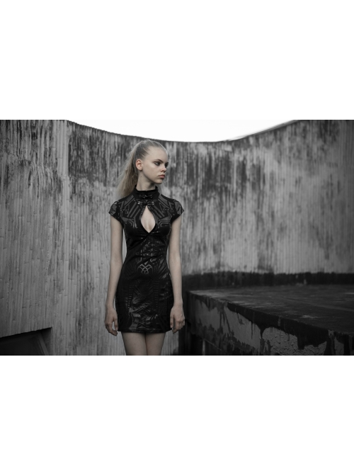 Cyber Punk Female Elastic Dark Patterned Hollow Fitted Dress