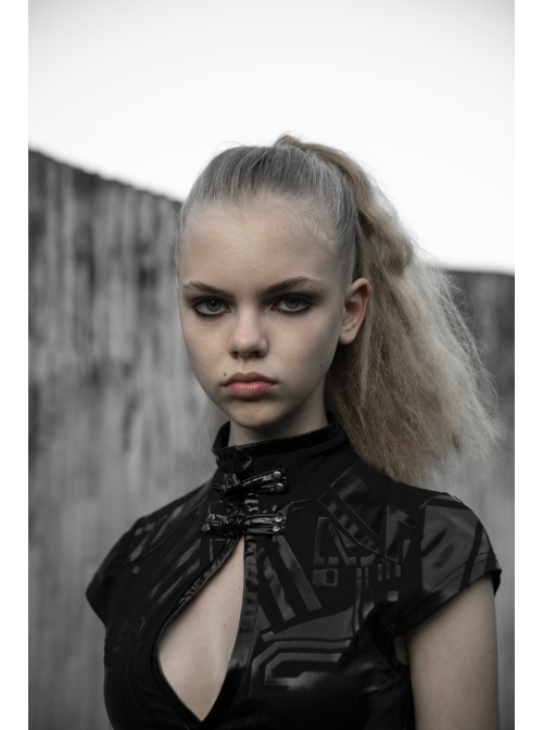 Cyber Punk Female Elastic Dark Patterned Hollow Fitted Dress