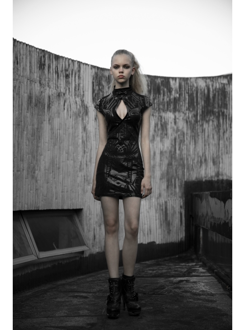 Cyber Punk Female Elastic Dark Patterned Hollow Fitted Dress