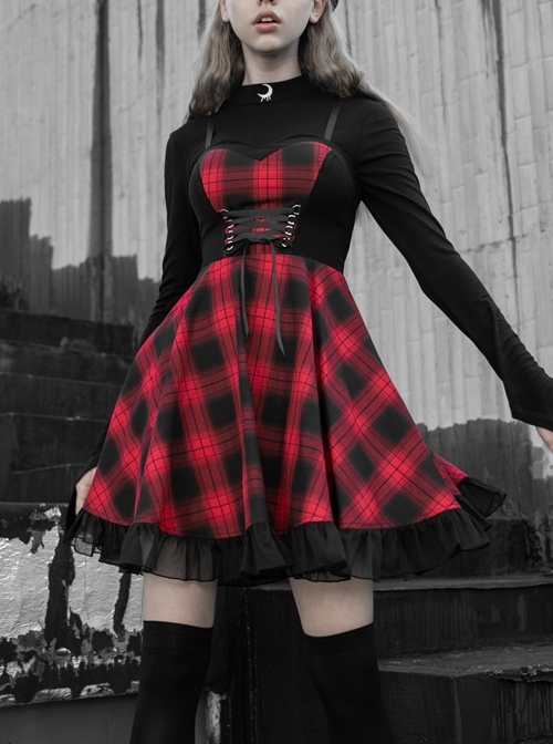 Steam Punk Female Lattice Plaid Stitching Binding Strap Dress