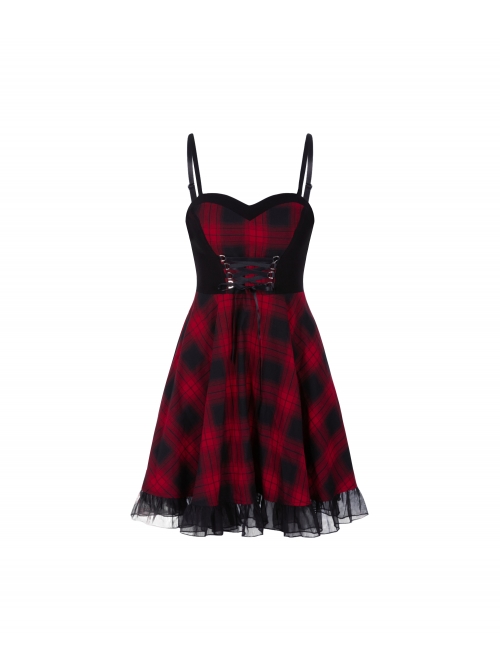Steam Punk Female Lattice Plaid Stitching Binding Strap Dress