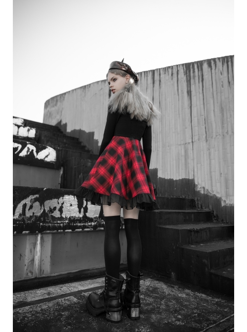 Steam Punk Female Lattice Plaid Stitching Binding Strap Dress