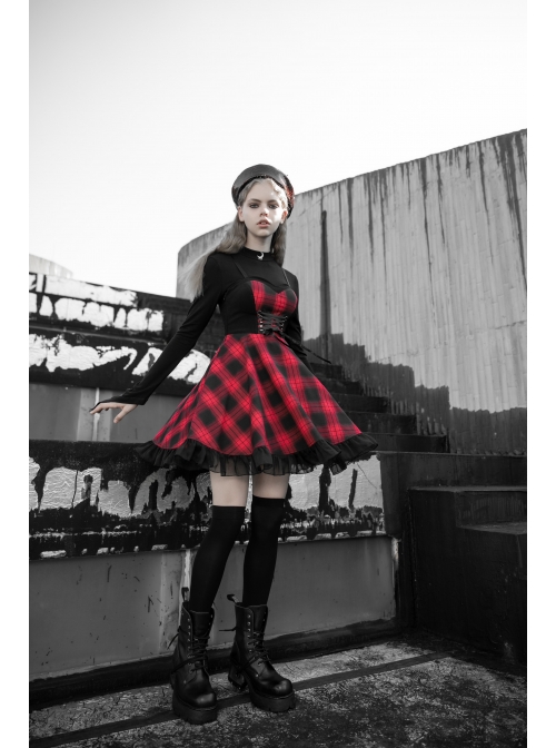 Steam Punk Female Lattice Plaid Stitching Binding Strap Dress