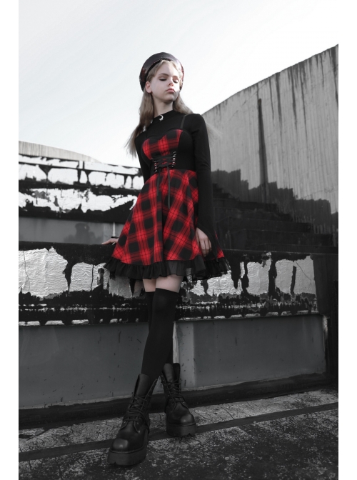 Steam Punk Female Lattice Plaid Stitching Binding Strap Dress
