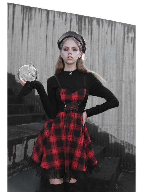 Steam Punk Female Lattice Plaid Stitching Binding Strap Dress