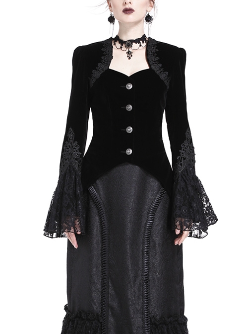Embroidery Collar Front Metal Retro Button Long Sleeve Lace Hem Black Gothic Velvet Jacket