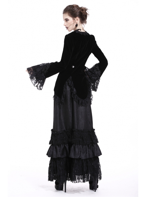 Embroidery Collar Front Metal Retro Button Long Sleeve Lace Hem Black Gothic Velvet Jacket