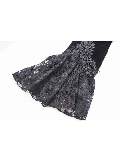 Embroidery Collar Front Metal Retro Button Long Sleeve Lace Hem Black Gothic Velvet Jacket