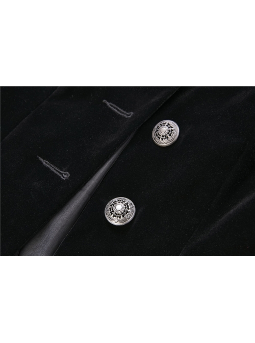 Embroidery Collar Front Metal Retro Button Long Sleeve Lace Hem Black Gothic Velvet Jacket
